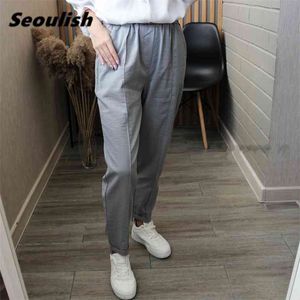 Seoulish Summer Cotton and Linen Women's Pants Casual Lace Up High Waist Harem Solid Female Trouses Pockets 210915