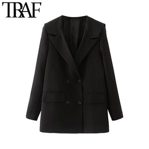 트래프 여성 패션 더블 브레스트 블레이저 코트 빈티지 선원 칼라 긴 소매 여성용 겉옷 세련된 veste femme 210415