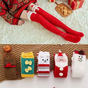 Women Coral Fleece Over The Knee High Socks Stockings Femme Christmas Elk Printing Stockings Winter Warm Thick Plush Long Stocks