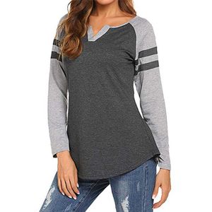Women's Raglan Long Sleeve T-Shirt Fashion Striped Patchwork Design Curved Hem Loose Fit Henley V Neck Baseball Tee Shirt Tops X0628