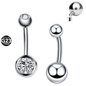 14g Solidna G23 Alvent Grade Titanium Belly Button Pierścionek wewnętrzny Gwintowany CZ Pępka Piercing Barmell Kobiety Body Biżuteria