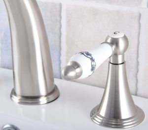 Wholesale widespread faucets brushed nickel resale online - Brushed Nickel Brass Deck Mounted Bathroom Basin Faucet Widespread Vanity Sink Mixer Tap Three Holes Two Handles Anf682 Faucets