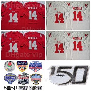 NCAA University Ole Miss Rebelles 14 DK Metcalf College Jersey Voetbal Rood White Home All Stitching for Sport Fans 150e 2021 Katoen Orange Peach Rose Bowl Patch