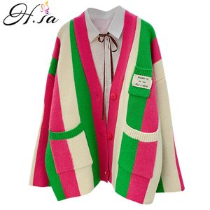 H.SA Women Long Coat Vneck Oversized Cardigans Patchwork Sweater Casual Striped Chic Street Knit Poncho korean Tops 210417