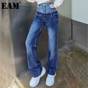 [EAM] Hohe Taille Breite Bein Blau Denim Gespleißt Aushöhlen Jeans Lose Frauen Hosen Mode Frühling Herbst 1DD7199 21512