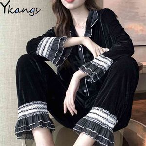 Samt Spitze Spleißen Elegante Pyjama Sets Langarm Top + Hose Nachtwäsche Frauen Koreanische Stil Frühling Schwarz Weiß Pijama Hause anzug 210421