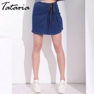 TATARIA Mini Skirt Denim Women Pencil A-line s Womens Plus Size Sexy Female Saias High Waist Elegant Bow Tie s 210514