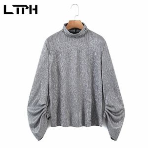 fashion shiny silk texture womens tops and blouses Long Sleeve turtleneck shirts metallic all-match top Spring 210427
