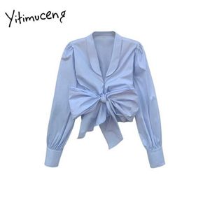 Yitimuceng pläterade kvinnor blusar Blue Office Lady Long Puff Sleeve Shirt Solid Bow Cloth Cloth-down Collar Elegant Fashion Top 210601
