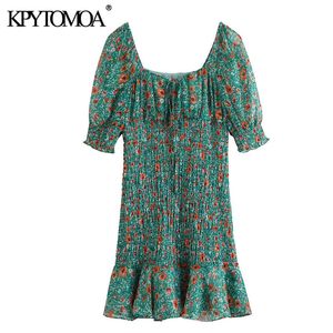Women Chic Fashion Floral Print Ruffled Mini Dress Vintage Lace-up With Lining Stretchy Slim Female Dresses Mujer 210416