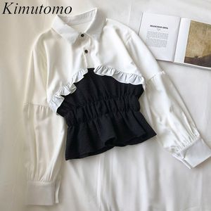 Kimutomo Women Blouse Fake Two Piece Fuguns Spring Autumn Female Turn-down Collar Panelled Long Sleeve Tops Elegant 210521