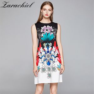 Runway Women's Ärmlös O-Neck Tank Office Lady Floral Print Party En Linje Kort Kvinna Casual Loose Vest Dress 210416