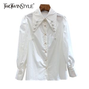 Minimalist White Patchwork Pearl Shirt For Women Lapel Long Sleeve Casual Joker Blouse Female Fashion Clothing 210524