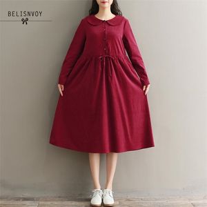 Mori Girl Plus Size Sukienka Kobiety Peter Pan Collar Z Długim Rękawem Sztoduroy Suknie Kobiet Jesień Zima Vintage Luźne Vestidos 210520