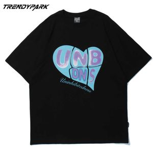 ヒップホップストリートウェア特大TシャツパズルハートプリントTシャツ男性原宿コットンカジュアルTシャツ夏半袖トップス210601