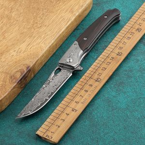 Cheetah Damascus folding knife, natural sandalwood handle, survival, hunting, camping, outdoor fishing, automatic knife 60 HRC