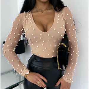 Camicetta da donna aderente con scollo a O maniche lunghe con perline Sexy Date Out Top elastici di base Moda primavera estate Tendenza femminile 210416