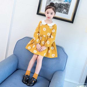 High Quality Girls Casual Dresses Spring Autumn Cotton Cute Doll Collar Long Sleeves Pleated Princess Skirt Child Clothing Q0716