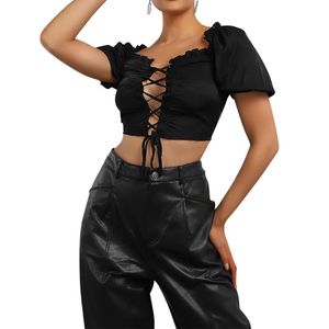 Kvinnors Blusar Skjortor Kvinnor Blus Topp Ruffle Trim Square Neck Kortärmad Beskära Damer Sexig Hollow Out Bandage Puff Black Tops D30