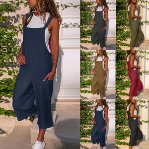 Women's Vintage Jumpsuit Autumn New Cotton & Linen Pockets Suspender Pants Femme Casual Loose Solid Retro Streetwear Trousers 210422