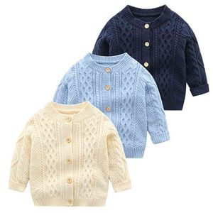 Baby stickade pojkar tjejer småbarn solid tröja handgjorda spädbarn singel breasted cardigan barn födda kläder 210417