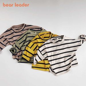 Bear líder nascido bebê listrado tees por 1-6 anos meninas meninos de mangas chulinas t-shirt crianças casual camisola roupas para crianças tops 210708