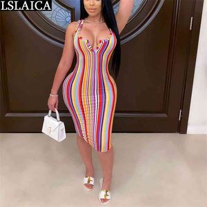 Striped Print Skinny Dress Deep V-Neck Fashion Women Clothing Night Club Off Shoulder Mid-Calf Sexiga Evening Ladies Klänningar 210515