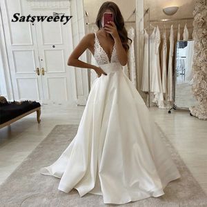 Sommer Strand Hochzeit Kleid 2022 Sexy Speghetti-trägern Tiefem V-ausschnitt Braut Kleider Sweep Zug Vestidos De Noiva Heißer