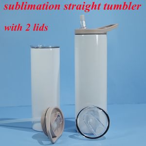 2 lids!!! sublimation straight tumbler with Olecranon Handle lids and seal spiral lid Portable 20oz skinny tumblers vacuum insulated Climbing Travel Sport Kettle