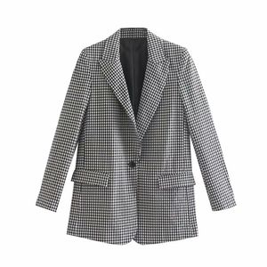Women Vintage Black White Plaid Print Casual Blazer Office Lady Retro long sleeve outwear suits chic leisure coat CT282 210420