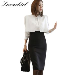 Business 2 Piece Women Autumn White Cape Long Sleeve Pearl Blouse Shirt+Black Split Pencil Bodycon Skirt Suit Set 210416