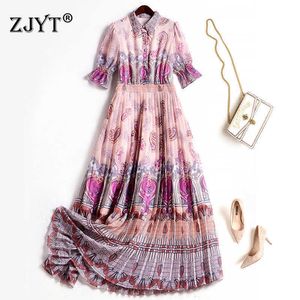 Sommer Designer Runway Mode Abstrakter Druck Vintage Mid Calf Chiffon Kleid Frauen Kurzarm Strand Robe Party Büro Vestidos 210601