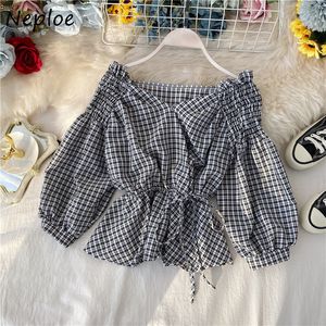 Neploe Plaid Blus kvinnor Chic Koreansk V Neck Lantern Sleeve Ruffles T Shirts Top Fashion Casual Lace Up Slim Waist Blusa 1F151 210423