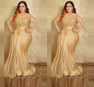 2022 Sexy Plus Size Formal Evening Dresses Elegant With Long Sleeves Gold Lace High Neck Sheath Special Occasion Dress Mother Of The Bride