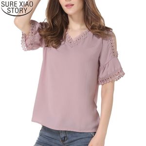 Hollow Out v-pescoço das mulheres tops e blusas mulheres fora de ombro blusa moda rosa lace manga curta camisas blusas 9472 50 210417