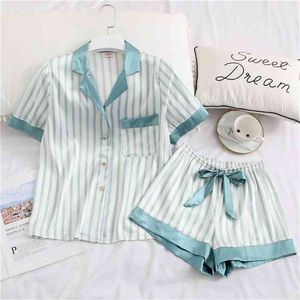 QWEEK Niedlicher Damen-Pyjama aus Seide, zweiteiliges Set, Nachtwäsche, Satin-Pyjama-Pyjama-Hemd + Shorts, Homewear-Nachtanzüge 210831
