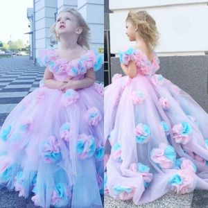 Abito da ballo carino Abiti da ragazza di fiori Increspature combinate Abiti da spettacolo per bambini floreali colorati fatti a mano Personalizza Abiti da sposa per feste di prima comunione