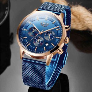 Lige topp varumärke Luxury New Fashion Enkel klocka för män Blue Dial Watch Mesh Belt Sport Vattentät Klockor Moon Fas armbandsur Q0524