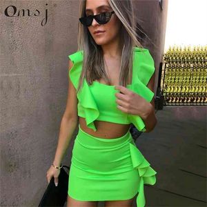 OMSJ Neon Pink Green Orange Ruffle Dress Summer Casual Outfit Two Piece Cropped Top Mini Fashion Night Club Set 210517