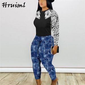 Kadınlar için Kıyafetler Leopar Uzun Kollu Elastik Bel Casual İki Parçalı Set Üst Ve Pantolon Moda Skinny Loungewear 210513