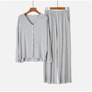 Algodão Japonês Casa Desgaste Mulheres Pijamas Conjuntos V-decote Calças de Manga Longa Conjunto de Roupas Femininas Primavera Casual Sólida Sonita Sleepwear 210831