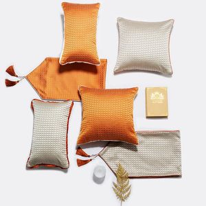 Cushion/Decorative Pillow Orange/grey Grid Pattern Jacquard Cushion Cover Sofa Lattice Lumbar Pillowcase Living Room Waist Home Decor