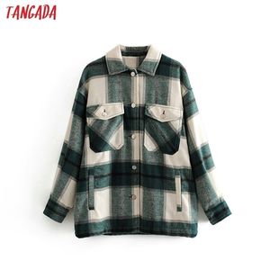 Tangada 겨울 여성 녹색 격자 무늬 긴 코트 자켓 캐주얼 고품질 따뜻한 오버 코트 패션 긴 코트 3H04 211112