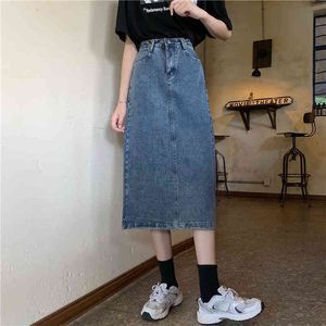 Loose Faldas Mujer MODA Denim Kjolar Sommar Kvinnor Casual High-Waist Split Mid-Length Slim Skirt 600B 210420