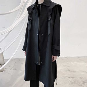 IEFB / men's wear strap design function mid-length trench coat for male profile over-knee coat Autumn black zipper windbreakers 211011
