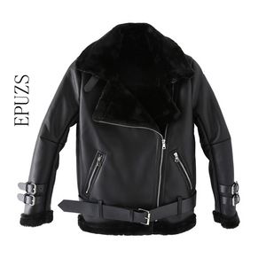 Colar de pele de inverno PU jaqueta de couro mulheres casaco de inverno streetwear casaco de motocicleta quente senhoras preto branco 210521