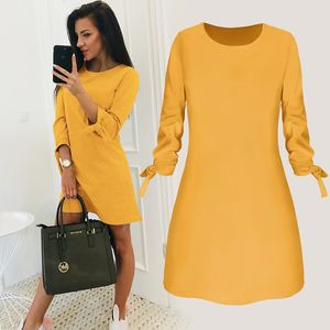 Women Dresses Autumn Casual O Neck Nine Point Sleeve Lace Up Loose Mini Dress Elegant Solid Party A Line Dress Ladies Plus Size 210507