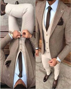 Mäns kostymer Blazers Khaki Herringbone Jacket Notched Lapel Men Slim Fit Kostym Bröllopsklänning Groom Tuxedos Prom Pass Poad Vest Byxor