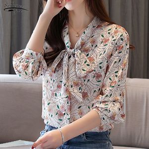 Outono Vintage Cópia Floral Chiffon Camisas Longa Manga Blusas Mulheres Loose Fashion Bow Blusas Mujer de Moda Tops 10549 210521