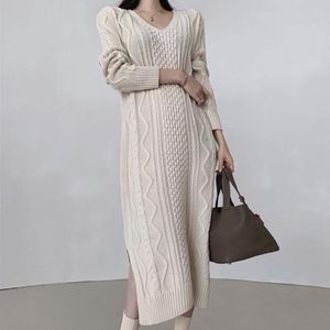 Casual Dresses Women Korean V neck Twist Pattern Over The Knee Knit Large Size Dress Autumn Thicken Loose Side Slits Sweater Vestido